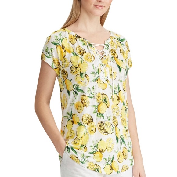 Chaps Tops - Chaps Soft Lace Up Lemon Print Tee